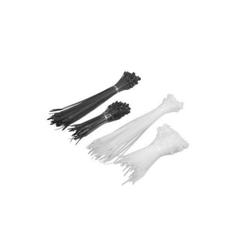> Kit de 400 abraçadeiras pretas e brancas, fabricadas em termoplástico de alta temperatura.